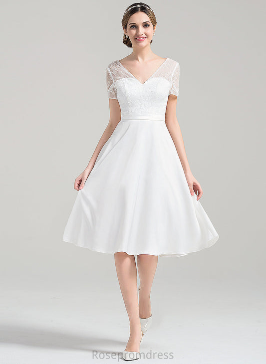 Ashlee V-neck A-Line Satin Dress Wedding Knee-Length Wedding Dresses