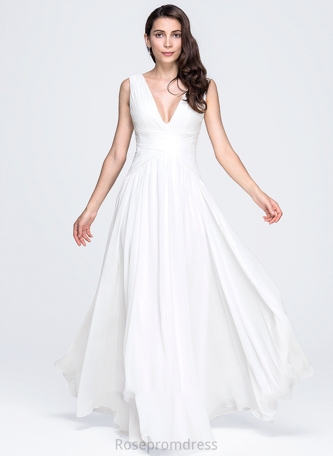 Ruffle Floor-Length Wedding Dresses Wedding V-neck With A-Line Chiffon Hailie Dress