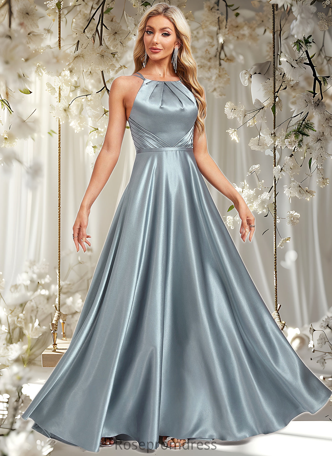 Madilyn A-line Halter Floor-Length Stretch Satin Bridesmaid Dress DSP0025783