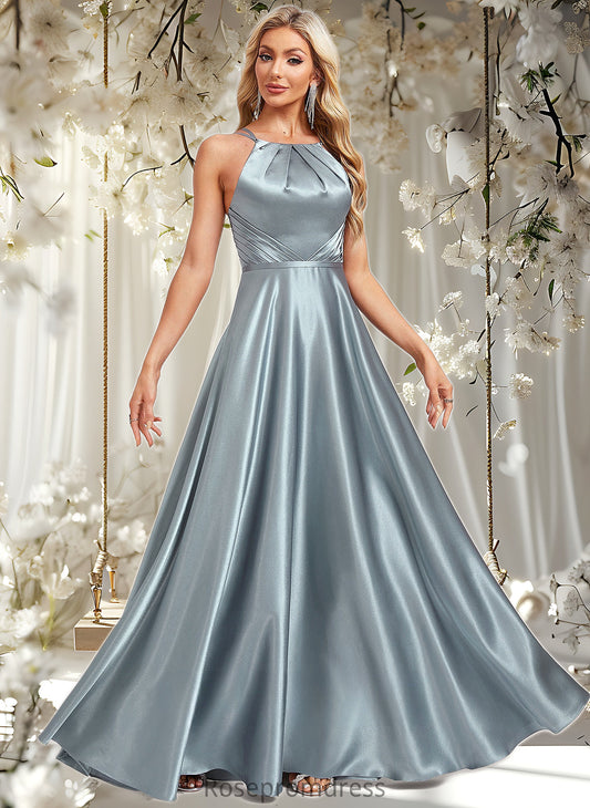 Madilyn A-line Halter Floor-Length Stretch Satin Bridesmaid Dress DSP0025783