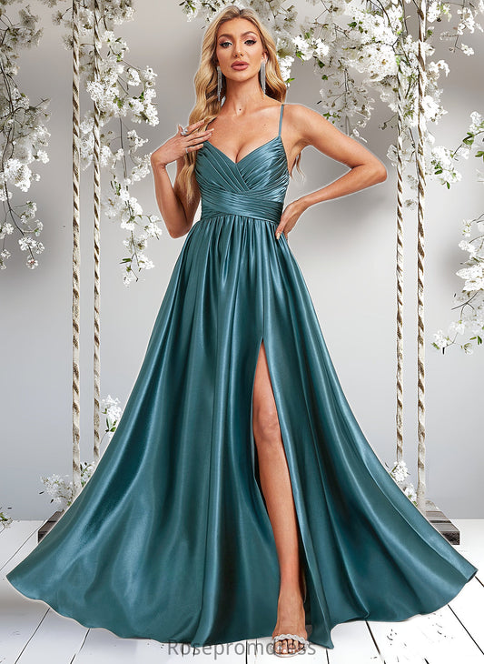 Angelina A-line V-Neck Floor-Length Stretch Satin Bridesmaid Dress DSP0025786