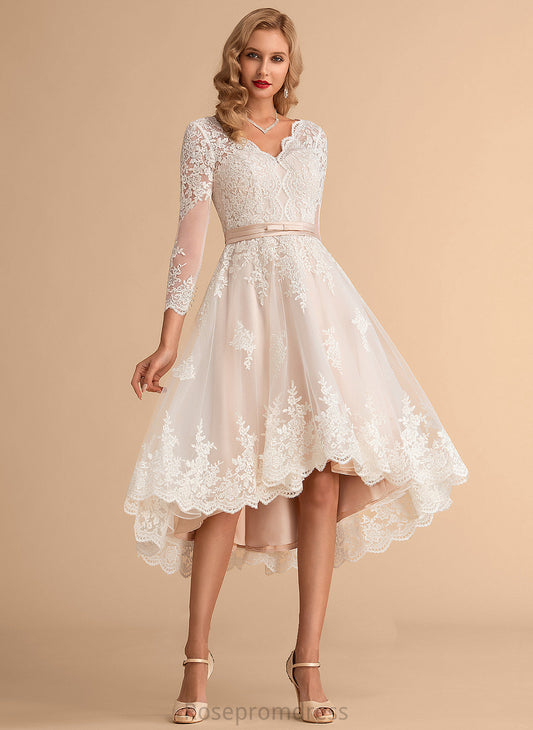 Satin Maisie Asymmetrical A-Line Wedding Dresses Lace Dress Wedding Tulle V-neck