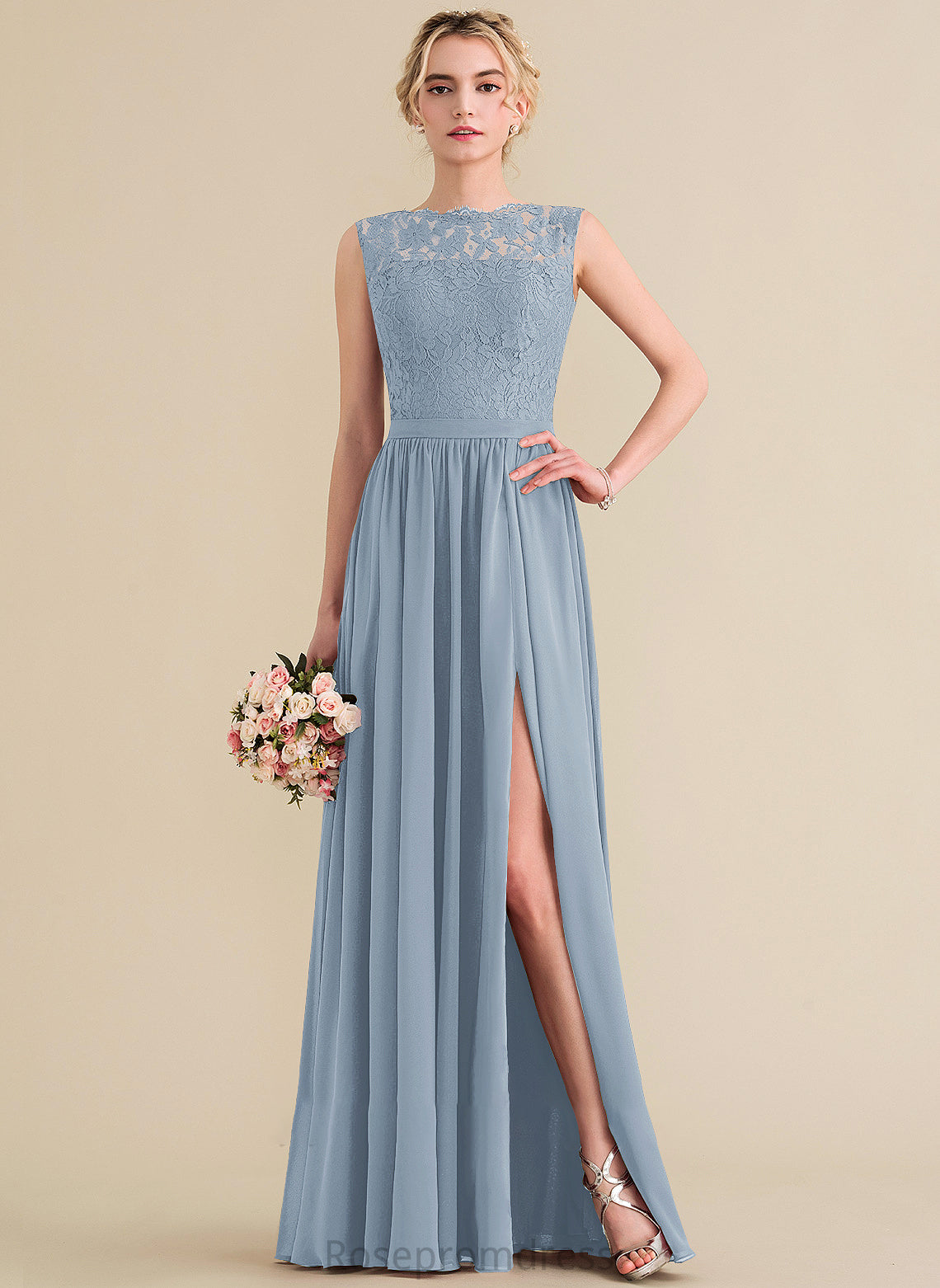 ScoopNeck Length Silhouette Embellishment SplitFront A-Line Fabric Floor-Length Neckline Madge Floor Length Scoop Bridesmaid Dresses