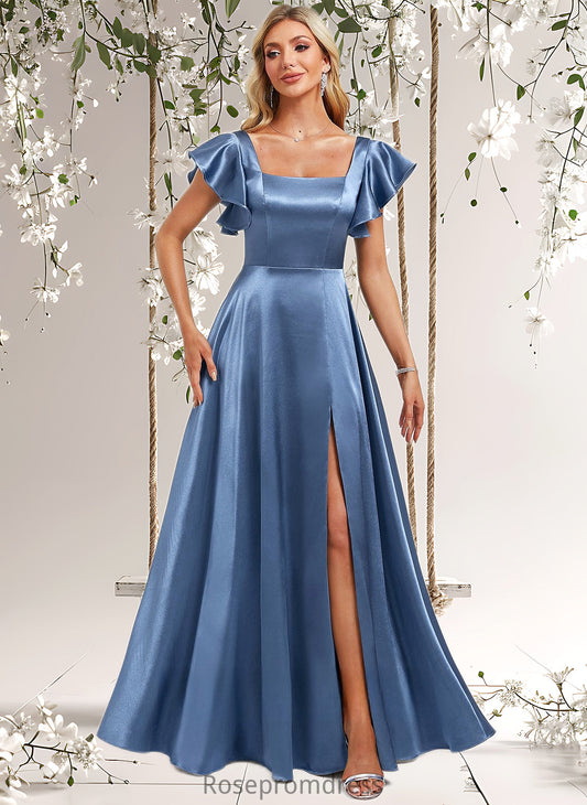 Sarah A-line Square Floor-Length Stretch Satin Bridesmaid Dress With Ruffle DSP0025769