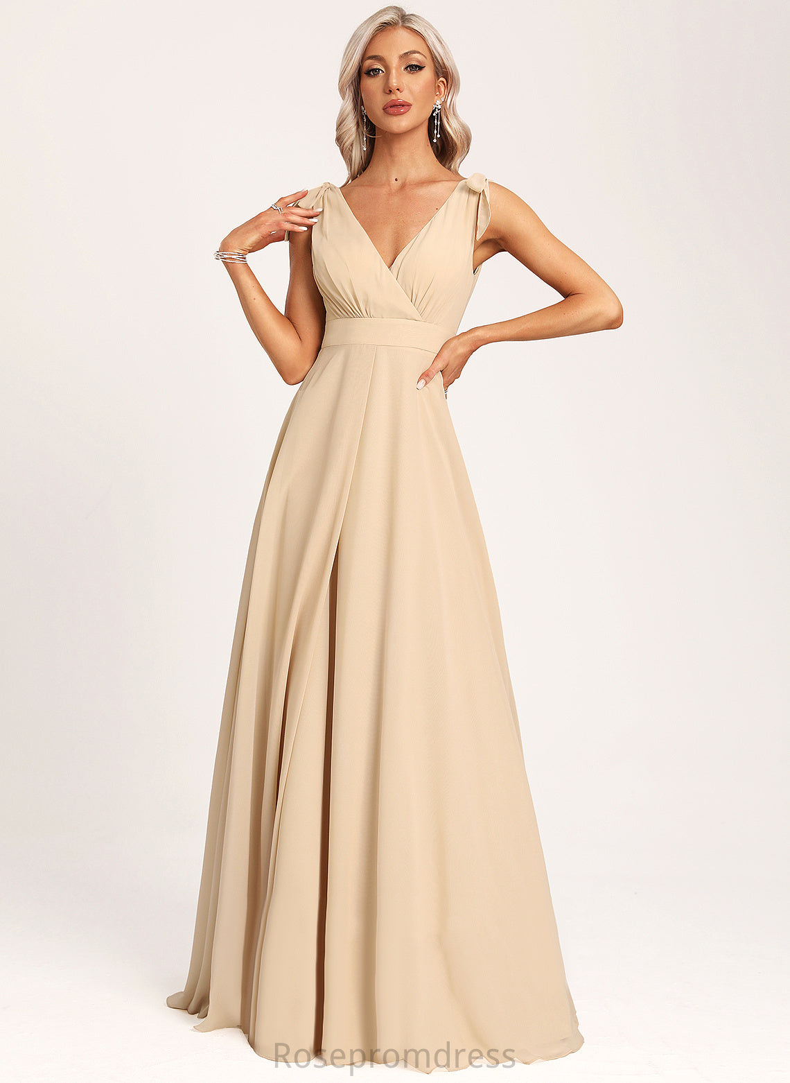Silhouette A-line Length Neckline Embellishment Fabric V-Neck Floor-Length Natalie Natural Waist Straps Floor Length Bridesmaid Dresses