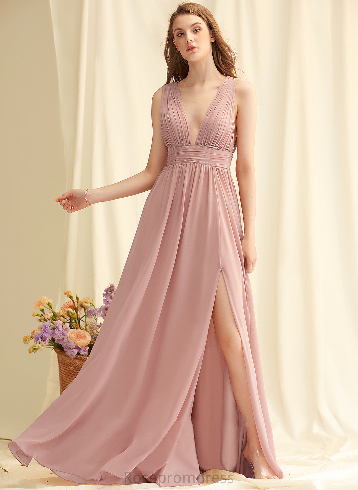 Embellishment Floor-Length Length Neckline Silhouette SplitFront A-Line V-neck Fabric Katharine Bridesmaid Dresses