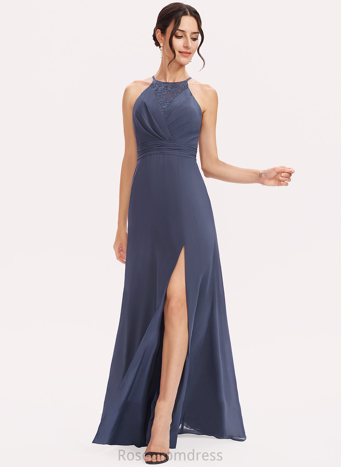 A-Line Lace Neckline SplitFront Fabric Halter Embellishment Length Floor-Length Silhouette Viola V-Neck Bridesmaid Dresses