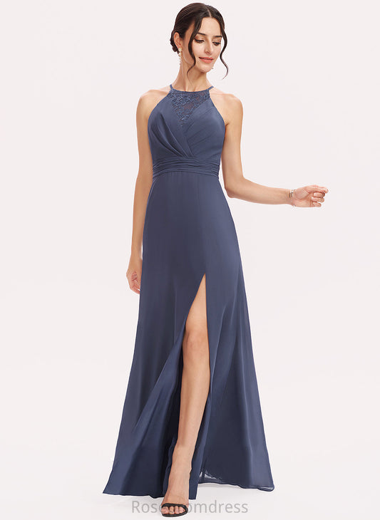 A-Line Lace Neckline SplitFront Fabric Halter Embellishment Length Floor-Length Silhouette Viola V-Neck Bridesmaid Dresses