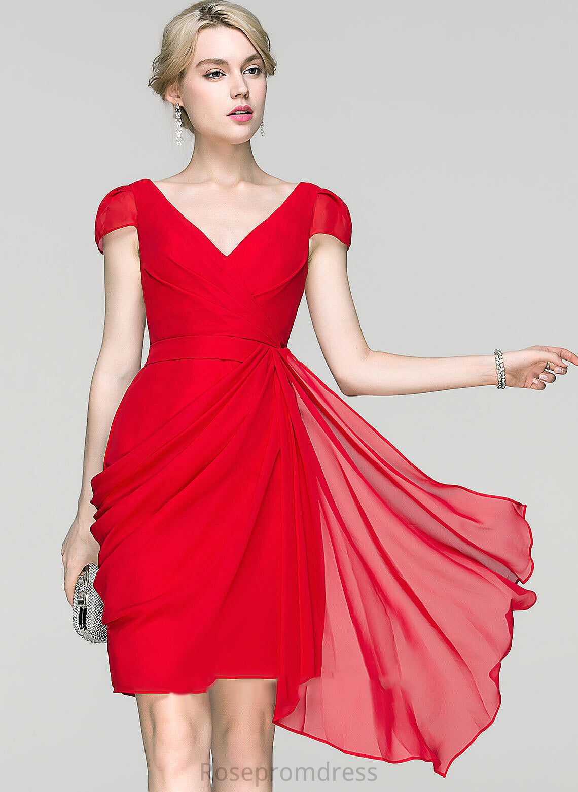 Ruffle Sheath/Column Chiffon Dress Madyson With Ruffles V-neck Cascading Cocktail Cocktail Dresses Knee-Length