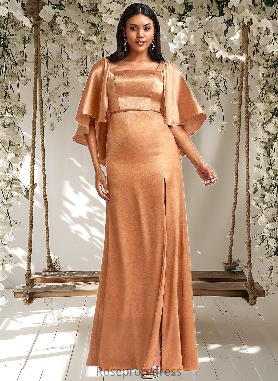 Carina A-line Square Floor-Length Stretch Satin Bridesmaid Dress DSP0025765