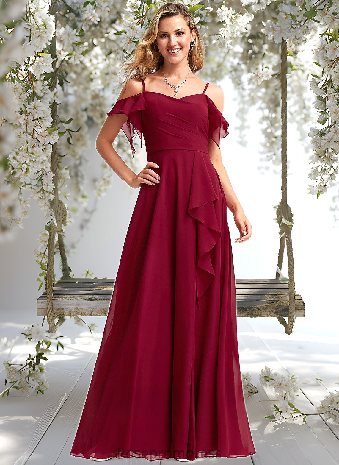 Maggie A-line Cold Shoulder Floor-Length Chiffon Bridesmaid Dress With Ruffle DSP0025755