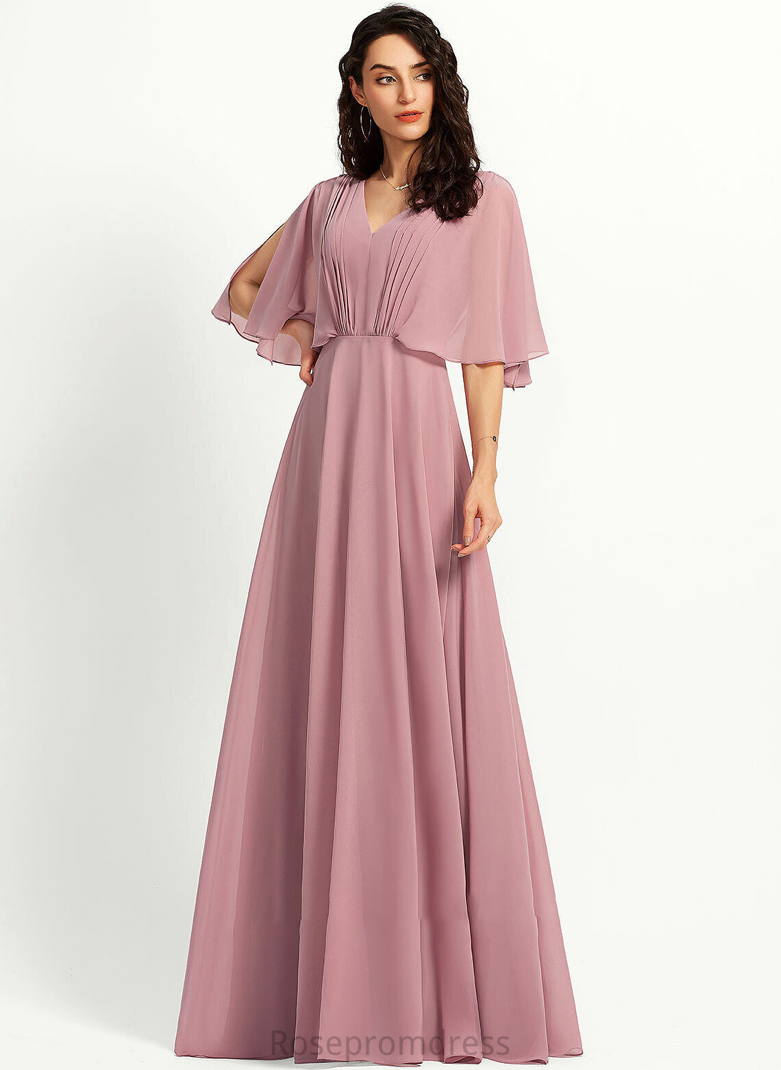 Length Silhouette Ruffle Floor-Length A-Line Fabric Embellishment V-neck Neckline Larissa Bridesmaid Dresses