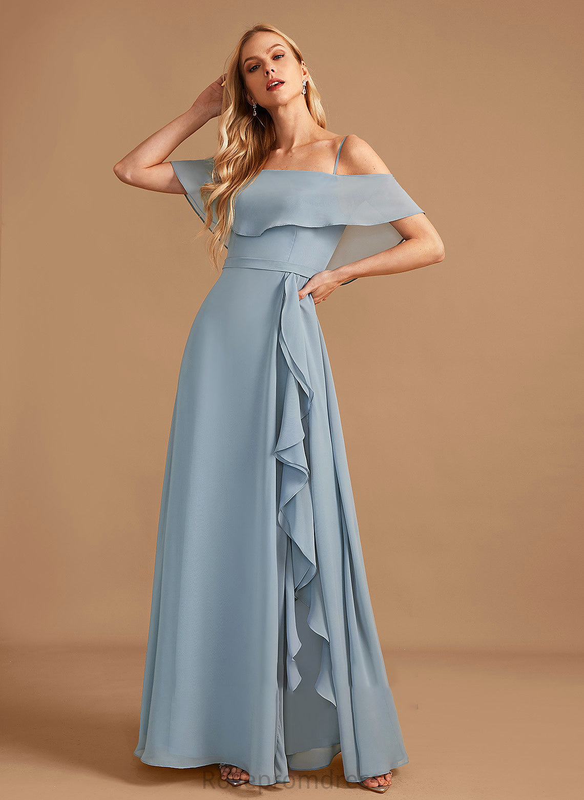 Ruffle Length Off-the-Shoulder A-Line Fabric Floor-Length SplitFront Silhouette Embellishment Neckline Jaliyah Natural Waist Bridesmaid Dresses