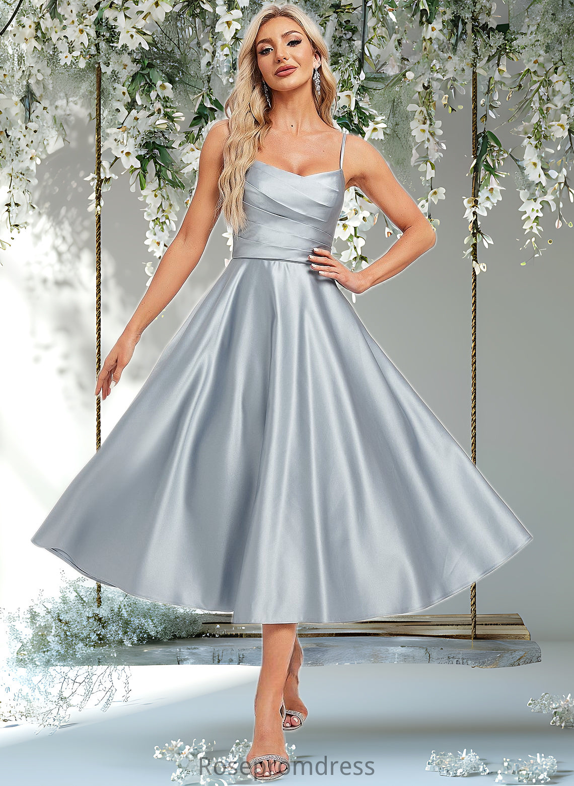 Marissa A-line V-Neck Tea-Length Satin Bridesmaid Dress DSP0025794