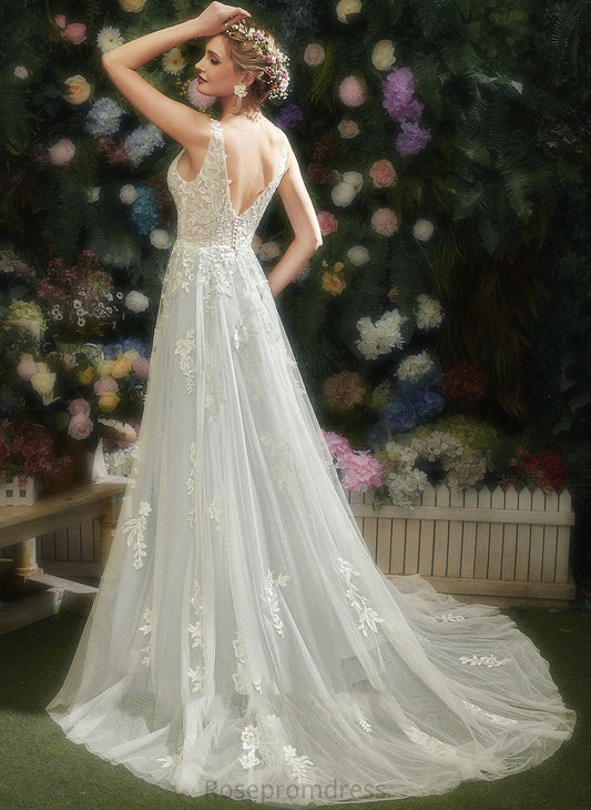 Court V-neck Wedding Lace Dress Grace Train A-Line With Wedding Dresses
