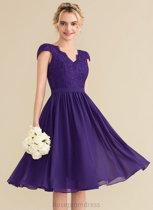 A-Line Fabric Straps Lace Neckline Length V-neck Silhouette Knee-Length Jakayla Off The Shoulder Natural Waist Bridesmaid Dresses
