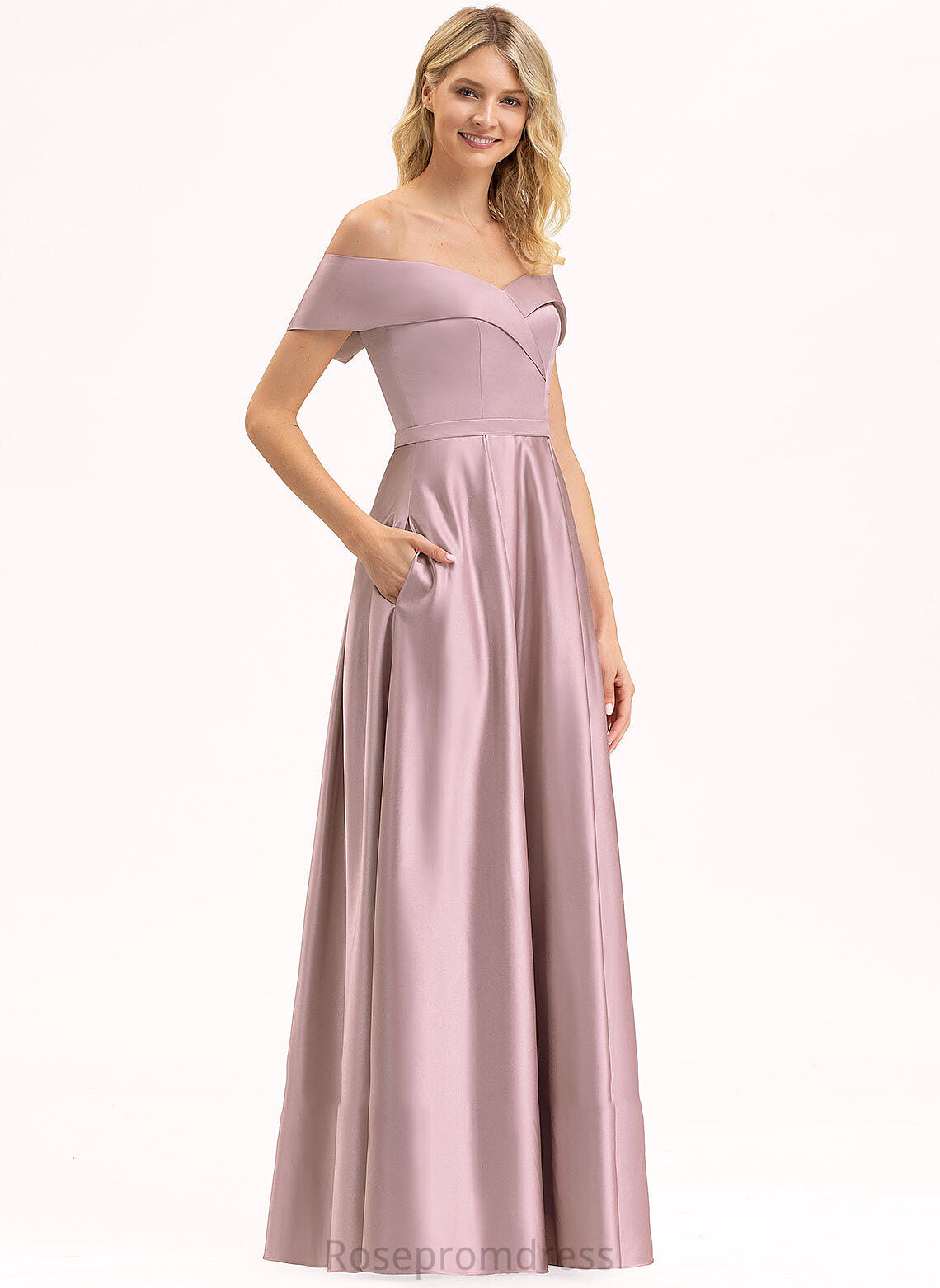 Floor-Length Off-the-Shoulder Neckline Length Embellishment A-Line Silhouette Pockets Fabric Amiyah Natural Waist V-Neck Bridesmaid Dresses