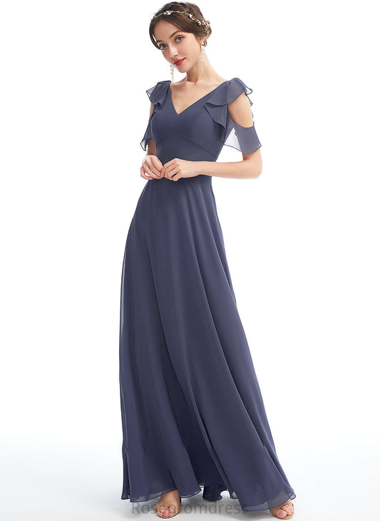 A-Line Fabric Silhouette V-neck Neckline Embellishment Ruffle Floor-Length Length Ariel Bridesmaid Dresses