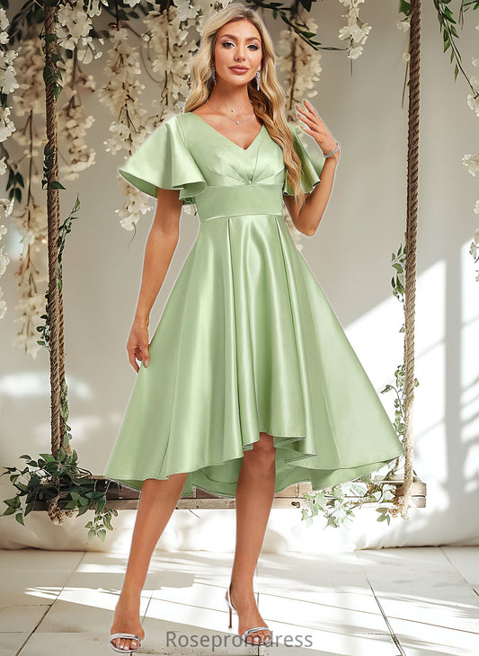 Daisy A-line V-Neck Asymmetrical Satin Bridesmaid Dress With Ruffle DSP0025776