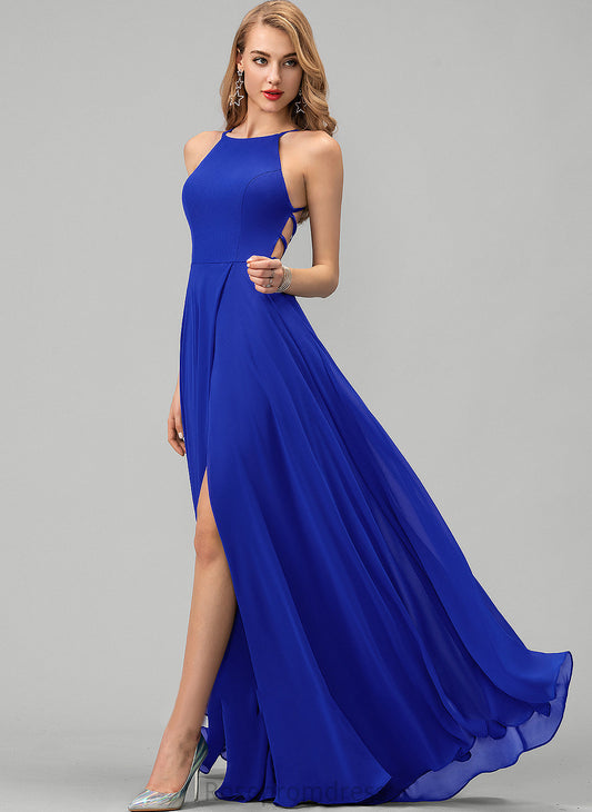 Neck Prom Dresses Floor-Length A-Line Front Split Chiffon With Dayanara Scoop