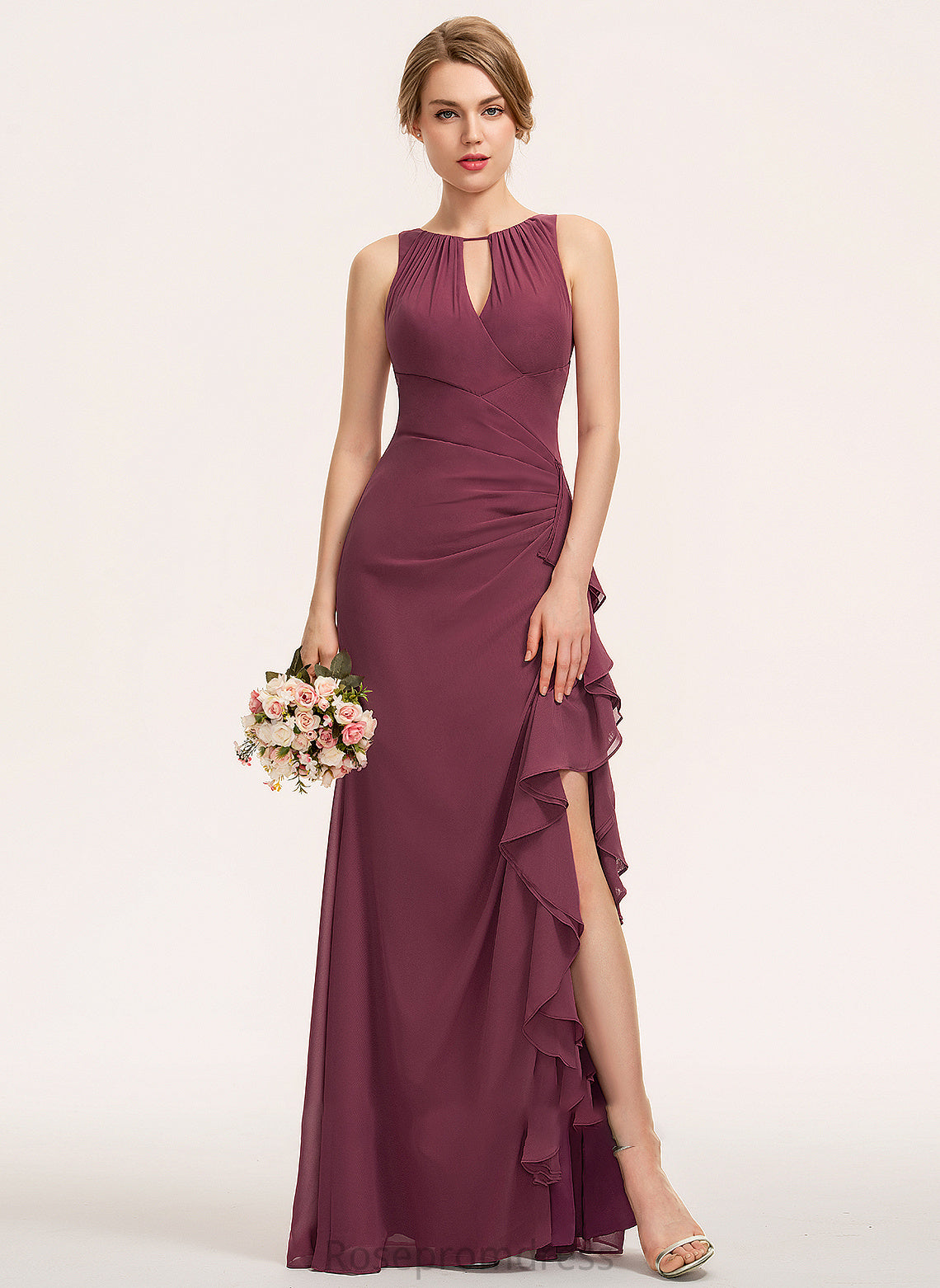 SplitFront CascadingRuffles Embellishment Length Silhouette Floor-Length Neckline ScoopNeck Fabric A-Line Cali Bridesmaid Dresses