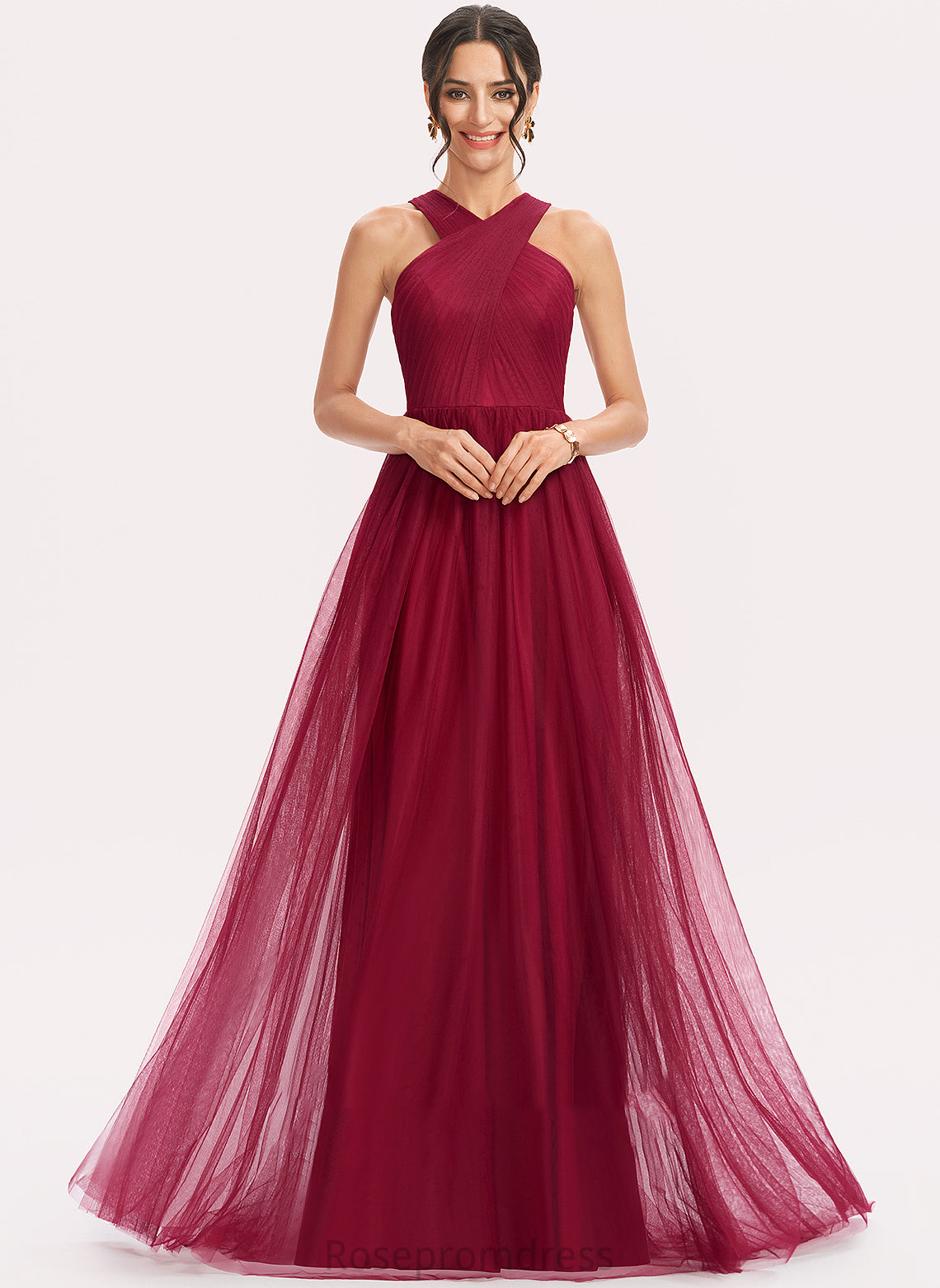 Halter Silhouette Length A-Line Ruffle Fabric Embellishment Floor-Length Neckline Julia Bridesmaid Dresses
