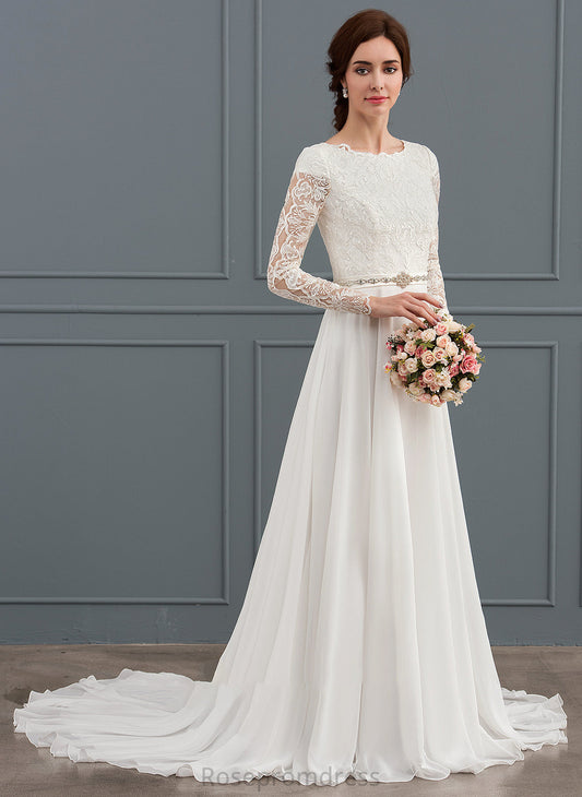 Beading Neck Train Chiffon Scoop Wedding Dresses With A-Line Dress Court Wedding Yoselin