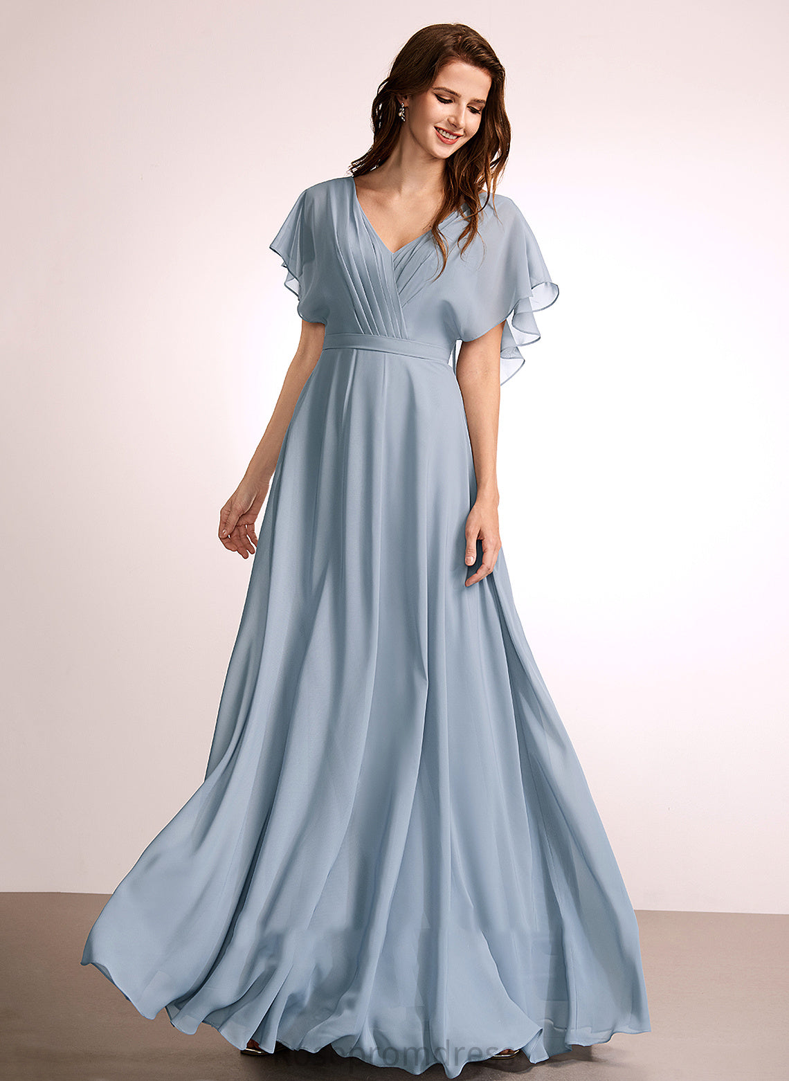Length V-neck Silhouette Ruffle Fabric Embellishment Neckline Floor-Length A-Line Maliyah Bridesmaid Dresses