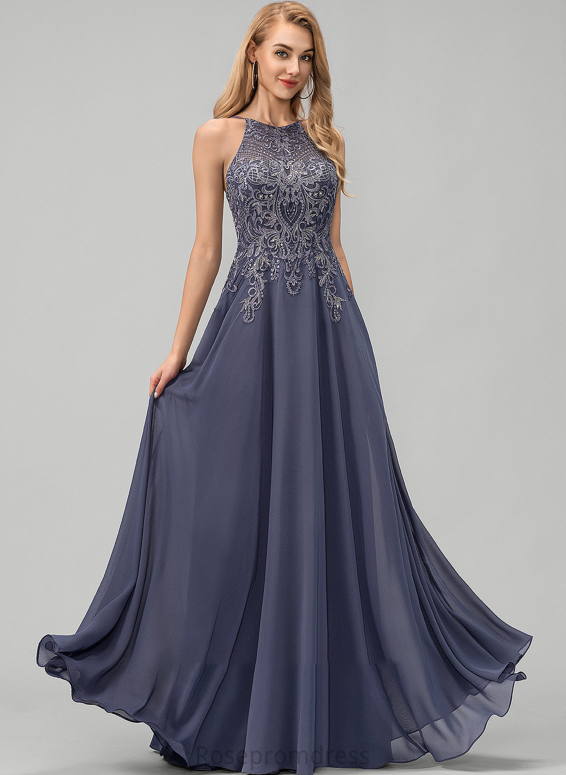 Sequins Chiffon Floor-Length Prom Dresses Scoop With Undine Lace A-Line Neck