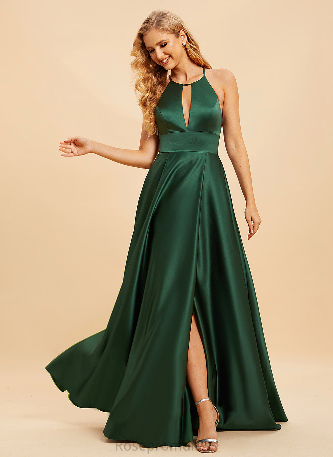HighNeck Length Silhouette Fabric Floor-Length Embellishment SplitFront A-Line Neckline Aliya Bridesmaid Dresses