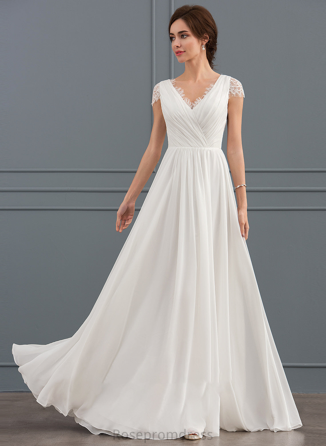 Ruffle V-neck Lace Chiffon Wedding A-Line Floor-Length With Dress Gillian Wedding Dresses