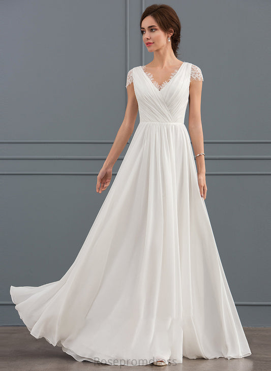 Ruffle V-neck Lace Chiffon Wedding A-Line Floor-Length With Dress Gillian Wedding Dresses