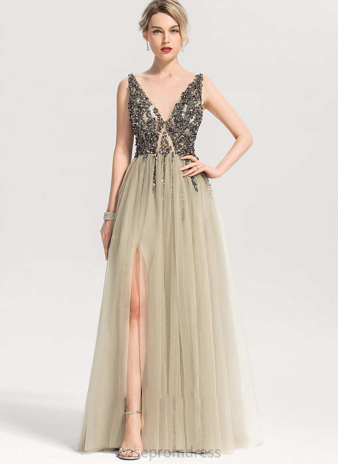 Sequins Floor-Length Marcia Beading Front A-Line V-neck Tulle Split With Prom Dresses