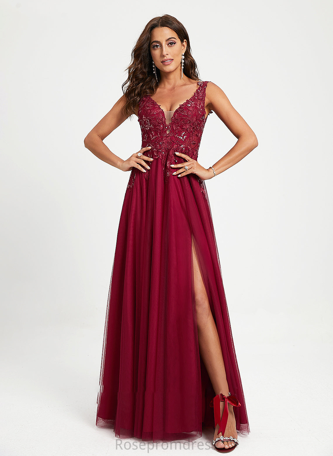 Sequins V-neck Ball-Gown/Princess Tulle Floor-Length With Prom Dresses Natalie