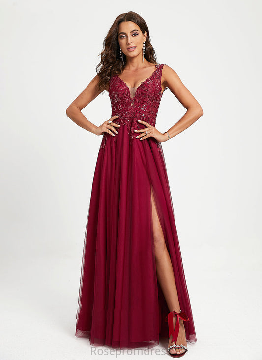 Sequins V-neck Ball-Gown/Princess Tulle Floor-Length With Prom Dresses Natalie