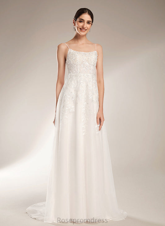 Annika Beading With A-Line Train Square Dress Wedding Dresses Sequins Wedding Court Neckline