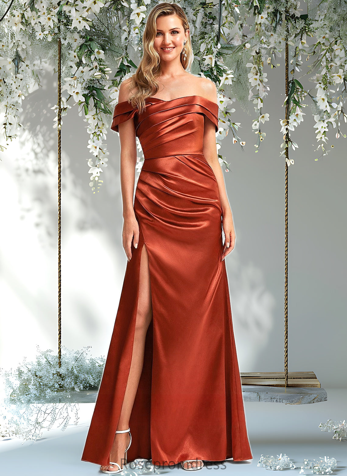 Amelia A-line Off the Shoulder Floor-Length Stretch Satin Bridesmaid Dress DSP0025757