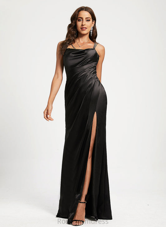 Satin Sheath/Column With Ruffle Neck Floor-Length Martha Cowl Beading Prom Dresses