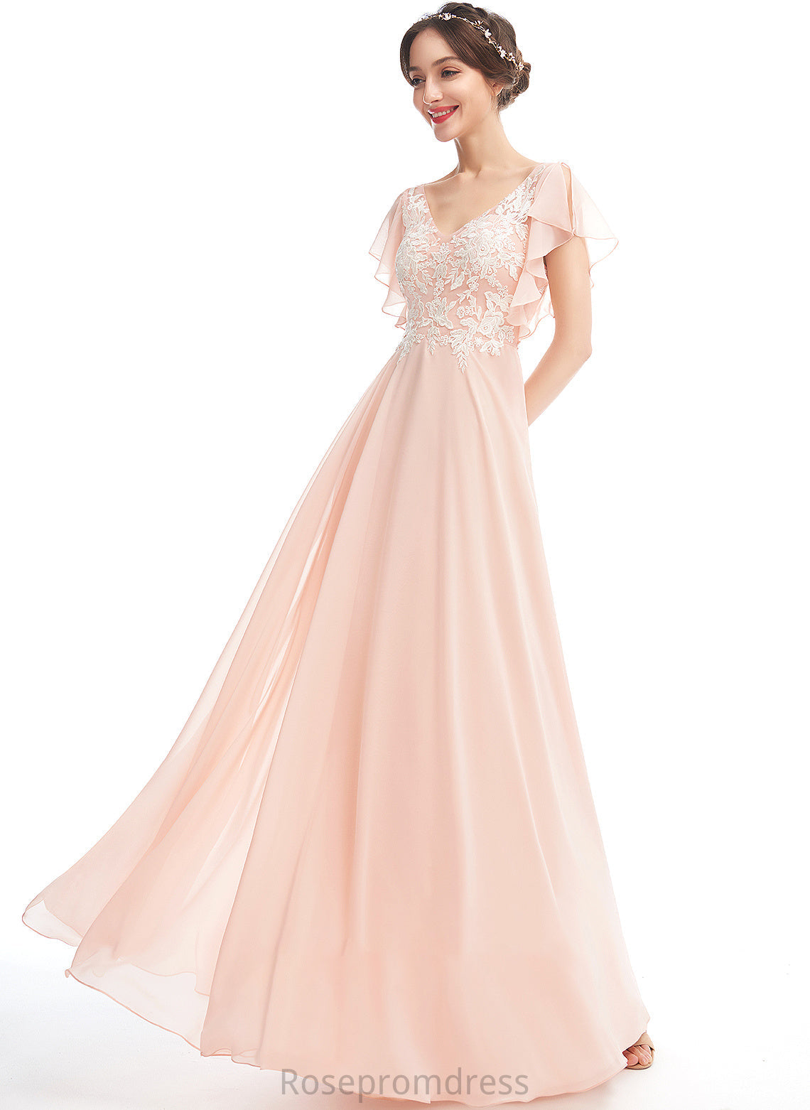 A-Line Embellishment Fabric Silhouette V-neck Floor-Length Ruffle Length Neckline Tessa A-Line/Princess Floor Length Bridesmaid Dresses