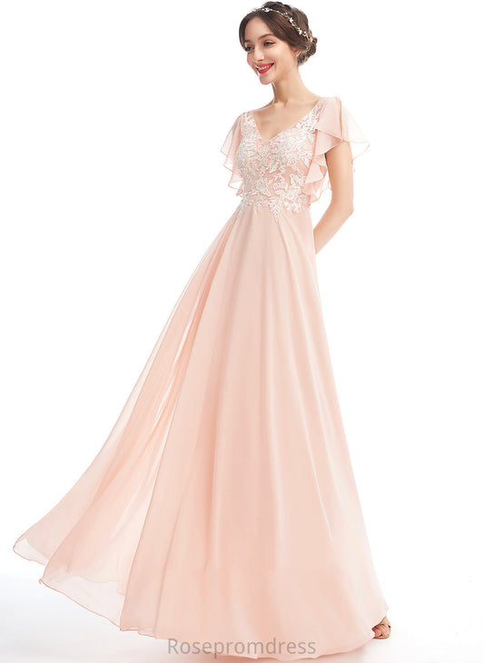 A-Line Embellishment Fabric Silhouette V-neck Floor-Length Ruffle Length Neckline Tessa A-Line/Princess Floor Length Bridesmaid Dresses