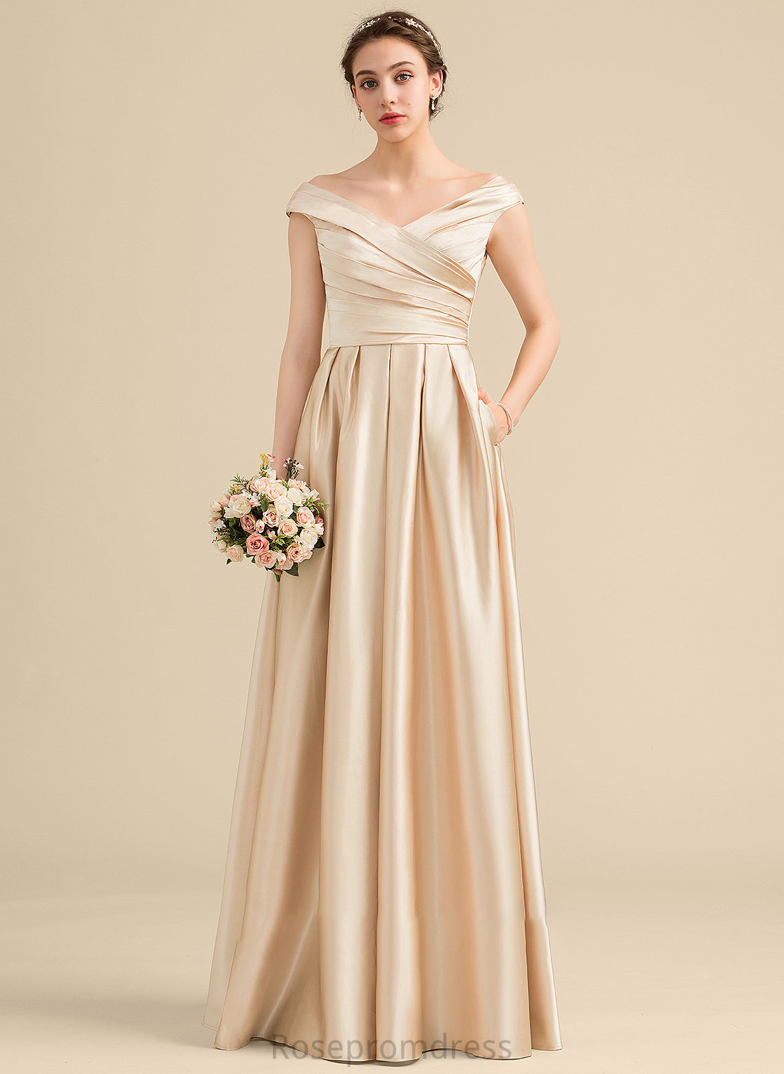 A-Line Silhouette Off-the-Shoulder Ruffle Length Pockets Embellishment Neckline Fabric Floor-Length Amari Natural Waist Bridesmaid Dresses