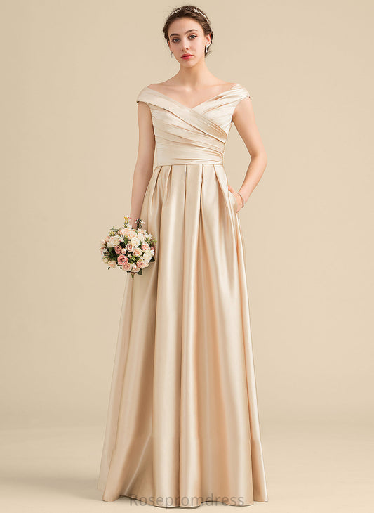 A-Line Silhouette Off-the-Shoulder Ruffle Length Pockets Embellishment Neckline Fabric Floor-Length Amari Natural Waist Bridesmaid Dresses