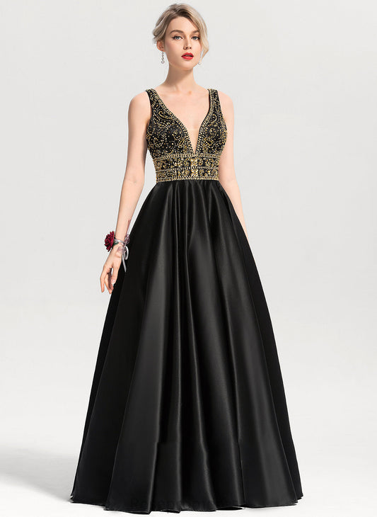Sequins Satin Floor-Length V-neck With Emelia Prom Dresses Beading Ball-Gown/Princess