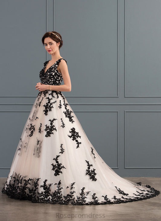 Dress Wedding Tulle With Myla Wedding Dresses Lace V-neck Appliques Ball-Gown/Princess Court Train