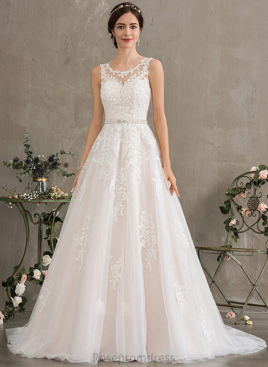 Dress With Train Beading Sherlyn Tulle Court Sequins Wedding Wedding Dresses Neck Scoop Ball-Gown/Princess