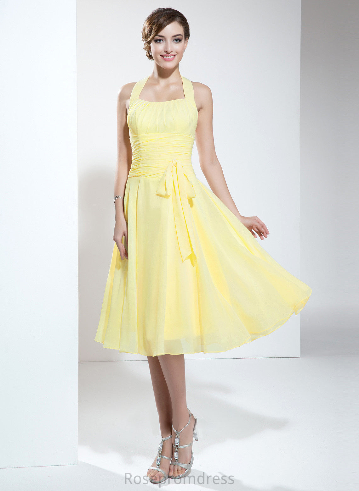 Knee-Length Fabric Neckline Embellishment A-Line Silhouette Ruffle Bow(s) Halter Length Virginia V-Neck Bridesmaid Dresses