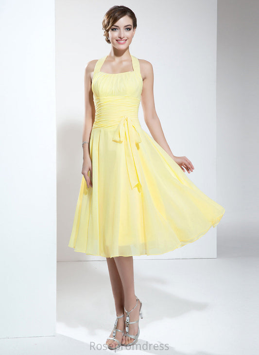 Knee-Length Fabric Neckline Embellishment A-Line Silhouette Ruffle Bow(s) Halter Length Virginia V-Neck Bridesmaid Dresses