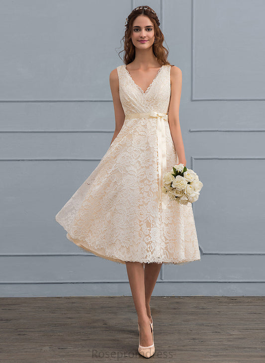 Lace Alma Bow(s) Wedding V-neck With Dress Wedding Dresses Knee-Length A-Line