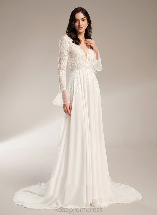 Chiffon Wedding Dresses Wedding Ruffle Court V-neck With Dress Ayla Lace Train A-Line