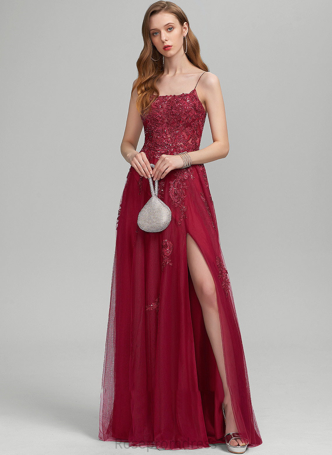 Neckline Floor-Length With Split Sequins Front A-Line Square Tulle Prom Dresses Danica
